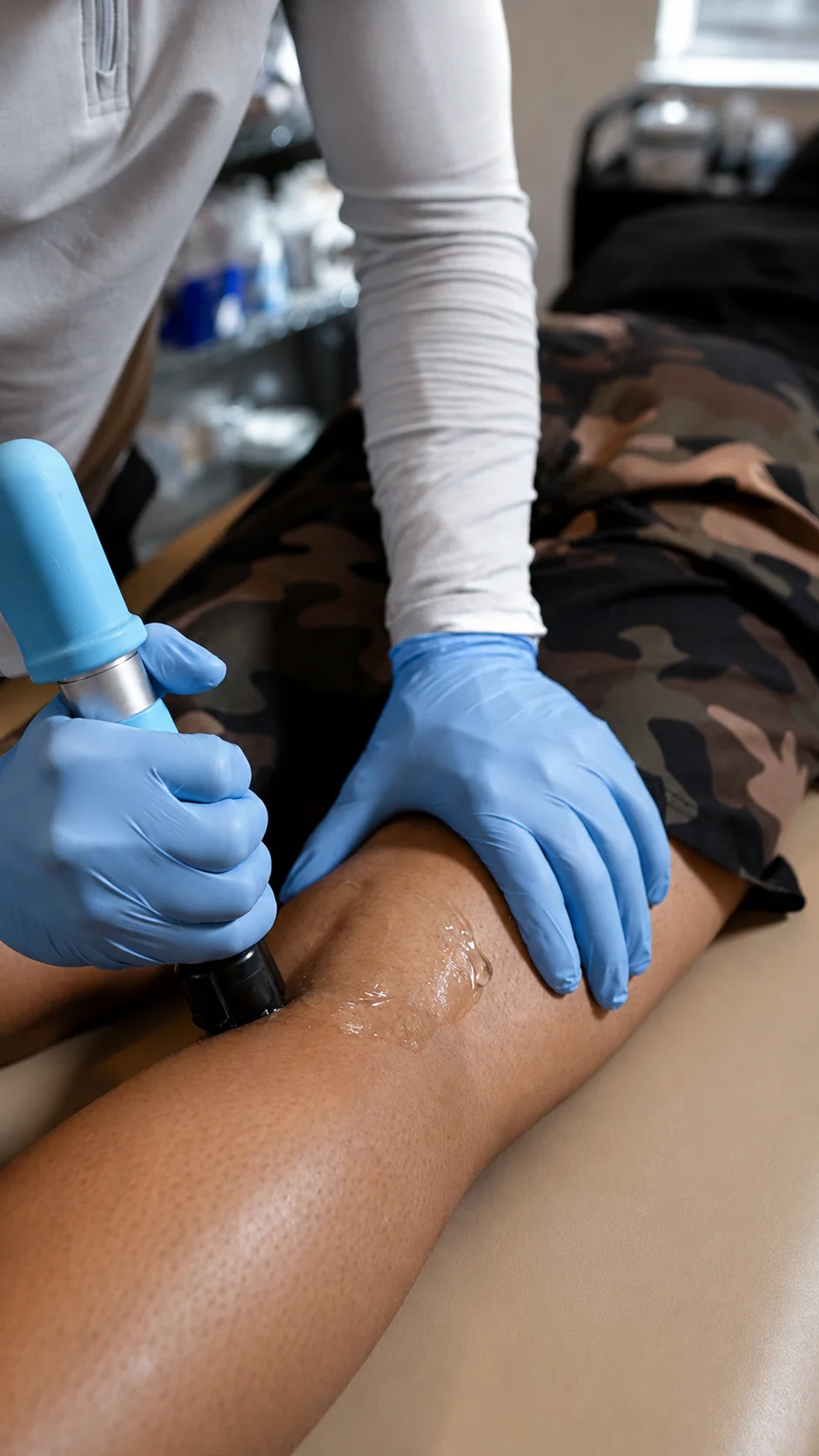 Shockwave therapy applied to a patient's knee